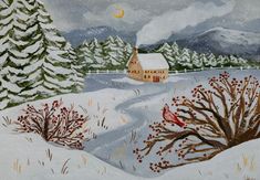 a painting of a snowy scene with a house and trees