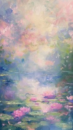 an abstract painting with water lillies and clouds