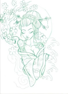 a drawing of a geisha with flowers on her head