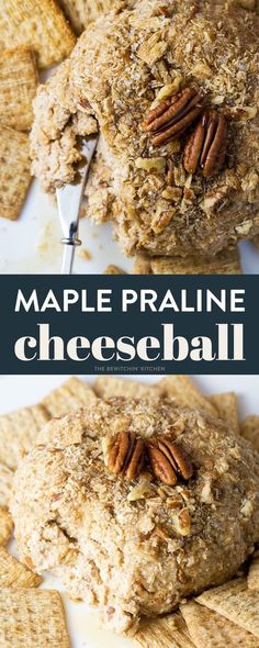 maple pralie cheeseball on a plate with crackers