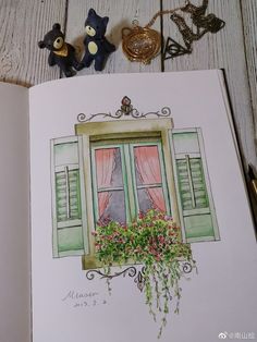 an open book with a drawing of a window and two teddy bears next to it