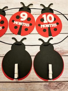 three ladybug magnets with the number nine on them, hanging from a hook