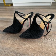 Black Christian Louboutin Heels. Mules With Ankle Strap. Pointed Toe. Great Condition. Size 37.5. 4.25inch Heel Height. No Box Or Dust Bag. Great Condition. I Am Typically A Size 7 But Wear Half Size Up In Loubs. Black Padded Heel Cocktail Heels, Black Heels With Red Sole For Evening, Black Heels With Sculpted Heel For Evening, Black Closed Toe Heels For Events, Black Heels With Padded Heel For Cocktail, Black Cocktail Heels With Padded Heel, Black Heels With Sculpted Heel For Cocktail, Black Sculpted Heel Heels For Cocktail, Black Heels With 4-inch Heel For Events