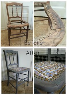 before and after photos of an old chair with tile on the seat, then upholstered