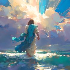 a painting of jesus walking into the ocean