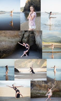 a collage of photos showing different poses on the beach and in the water with their arms outstretched