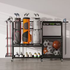 a rack with various sports equipment on it