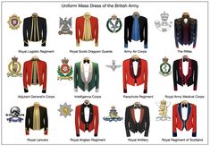 the uniform dress of the british army is shown in this image, with different colors and emblems