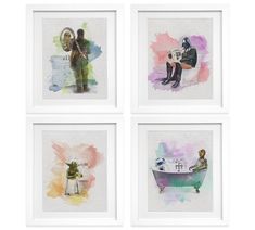 four watercolor paintings of people sitting in bathtubs