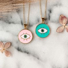 Evil eye pendant necklace in choice of style. Price is per necklace. Choice of length: 14 inch, 16 inch, 18 inch (all lengths have additional 2 inch extender). Materials: 16k gold plated brass, enamel, cubic zirconia. Eye Pendant Necklace, Eye Pendant, Jewelry Trends, Pendant Necklaces, Washer Necklace