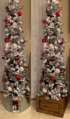 two pictures of a christmas tree with red and white ornaments on it, one is silver and the other is black and white