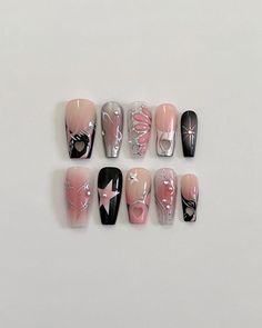 "🖤" Reusable Press on Nails All sets include 10 nail tips and come with an application kit which includes: -Nail file -Cuticle stick  -Nail glue  -Adhesive tabs -Alcohol wipes 💅🏻 MODEL WEARS: Long Coffin ⚠️ IMPORTANT NOTE:  - Please measure both VERTICAL and HORIZONTAL lengths of your nail beds to ensure you order the correct size. 📏 HOW TO MEASURE: 1. Place a tape horizontally across the widest points of your nail and mark both ends. 2. Remove the tape and measure against a ruler * The size Pink Black Nails, Studded Nails, Really Cute Nails, Soft Nails, Press Ons, Hot Nails, Silver Nails, Gel Nail Designs, Dream Nails