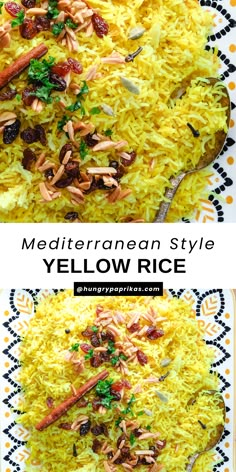 yellow and blue patterned plate with yellow mediterranean rice Greek Basmati Rice, Yellow Rice Mediterranean, Mediterranean Recipes Rice, Meditteranean Rice, Middle Eastern Meal Prep, Mediterranean Yellow Rice Recipe, Basmati Rice Recipes Mediterranean, Mediterranean Rice Pilaf, Mediterranean Rice Recipes