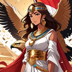 an egyptian woman in ancient dress and gold jewelry, with her eagle on her shoulder