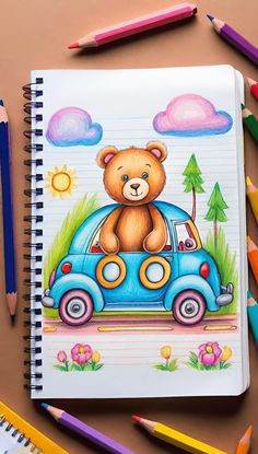 a drawing of a teddy bear driving a car