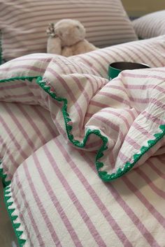 Violet Stripes Bedding Set with a Rabbit on it Girls Room Twin Bedding, Pink Stripe Bedding, Pink Linen Bedding, Mixed Pattern Bedding, Mixed Bedding, Bedsheet Aesthetic, Uga Dorm, Bedroom Baddie, Gingham Bedding