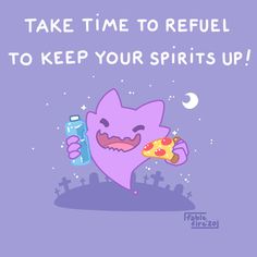 a purple cat holding a slice of pizza with the caption take time to refel to keep your spirits up