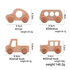 three wooden toy cars are shown with measurements for each vehicle, and the size is inches