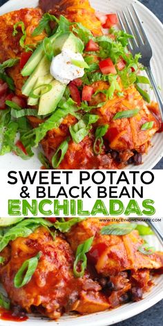 sweet potato and black bean enchiladas on a white plate