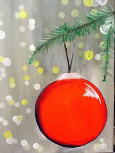 an acrylic painting of a red ornament hanging from a christmas tree