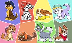 cartoon dogs with hats and scarfs on