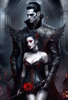 a man and woman dressed in gothic clothing