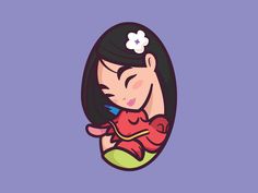 a cartoon girl holding a teddy bear in her arms with a flower in her hair