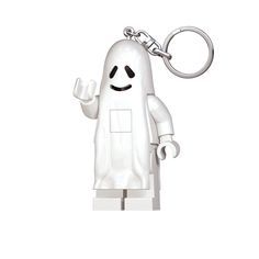 a white lego figure holding a key chain