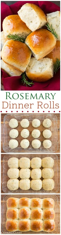 bread rolls with rosemary sprigs on top and an image of dinner rolls in the middle