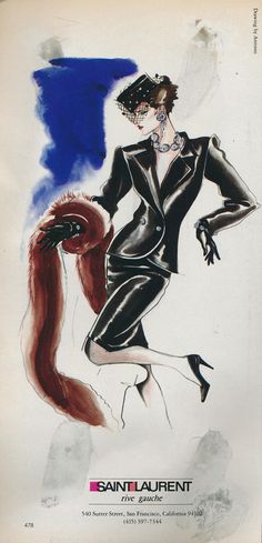 an advertisement for saint laurent featuring a woman in a black suit and red fox tail