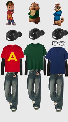 Trio Halloween costume inspo - Alvin and the chipmunks - baggy street wear jeans, red t shirt, blue t shirt green t shirt with black longsleeve undershirt and black backwards hats Twin Costumes, Disney Characters Costumes, Trio Costumes, Horror Halloween Costumes, Matching Halloween Costumes, Cheap Halloween Costumes, Trio Halloween Costumes