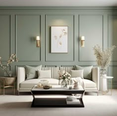 a living room with green walls and white furniture in the center, along with flowers on the coffee table