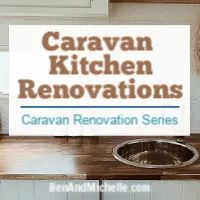 a sign that says caravan kitchen renovations in front of an oven and sink with the words caravan renovation series above it