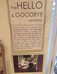 there is a sign that says the hello and goodbye window with pictures of people in it