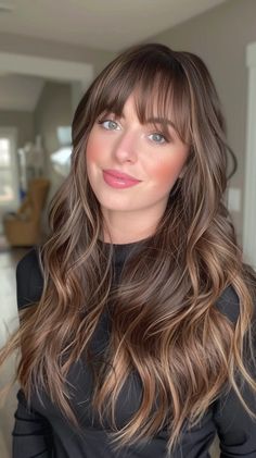 40 Heavy Highlights On Dark Hair Hairstyles That Will Make You Feel Like a Bombshell Dark Hair With Highlights With Bangs, Honey Brown Money Piece On Dark Hair, Dark Hair With Bangs And Highlights, Selena Gomez Brown Hair, Bangs With Highlights Brunettes, Balayage Hair Bangs, Brown Hair With Bangs And Layers, Swoop Bangs With Long Hair, Brown Hair With Highlights And Bangs