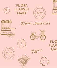 the flower cart logo has been drawn in brown ink on a pink background with other flowers