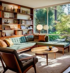 a living room filled with furniture next to a window covered in lots of bookshelves