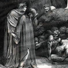 an old illustration of a man standing next to a dog and other animals in a cave