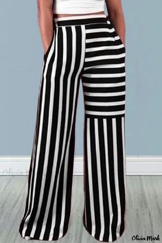 Olivia Mark - Pantalones rectos de tiro alto con estampado de rayas rojas para mujer, que marcan estilo Sweatshirt Women Casual, Ladies Short Jackets, Shiny Pants, Black Wide Leg Pants, Style Noir, Casual Stripes, Elastic Waist Pants, Loose Pants, Bottom Clothes