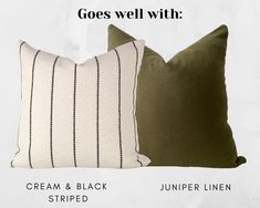 two pillows with black and white lines on them, one is green and the other is beige