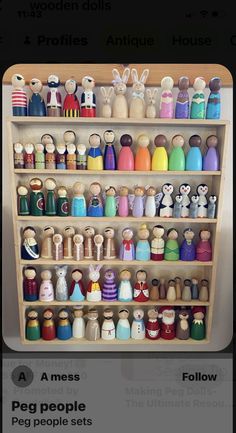 a wooden shelf filled with lots of different types of dolls