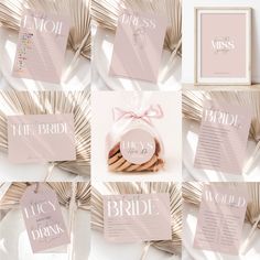 the wedding stationery is laid out on top of palm leaves and placed next to each other