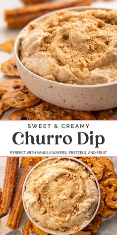 sweet and creamy churro dip with vanilla waffles, pretzels and fruit