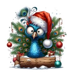 a blue bird wearing a santa hat sitting on top of a wooden log with ornaments around it