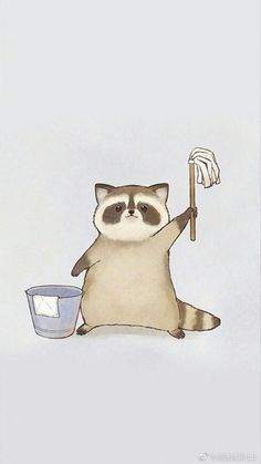 a raccoon holding a cleaning brush and bucket