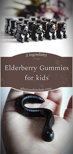 a hand holding a black snake with the words elderberry gummies for kids