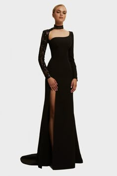 Buy Trumpet gown with detachable sleeve at Milla Dresses. Wide size range from XXS to XXL. FREE shipping across the USA. Return in 30 days. Black Evening Gown, Long Sleeve Evening Gowns, Dress Weights, Sequin Sleeve, Trumpet Gown, Black Dress With Sleeves, Long Sleeve Gown, Evening Gowns Elegant, فستان سهرة