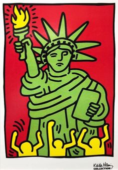 a drawing of the statue of liberty holding a torch in one hand and an open flame in the other