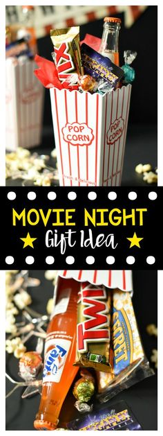 movie night gift idea with popcorn, soda and candy