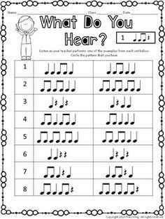 music worksheet with notes and numbers